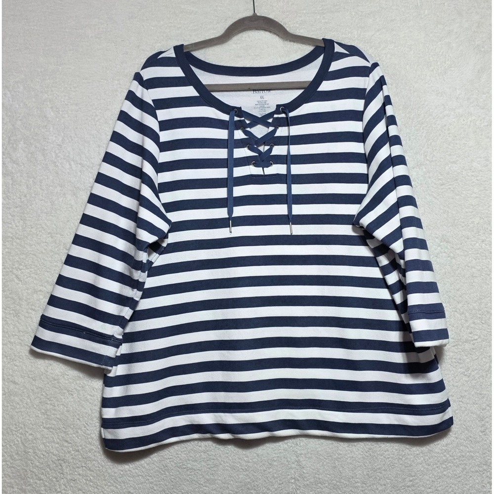 Croft & Barrow Navy White Striped Lace Up Sweatshirt XXL 3/4 Sleeve Nautical